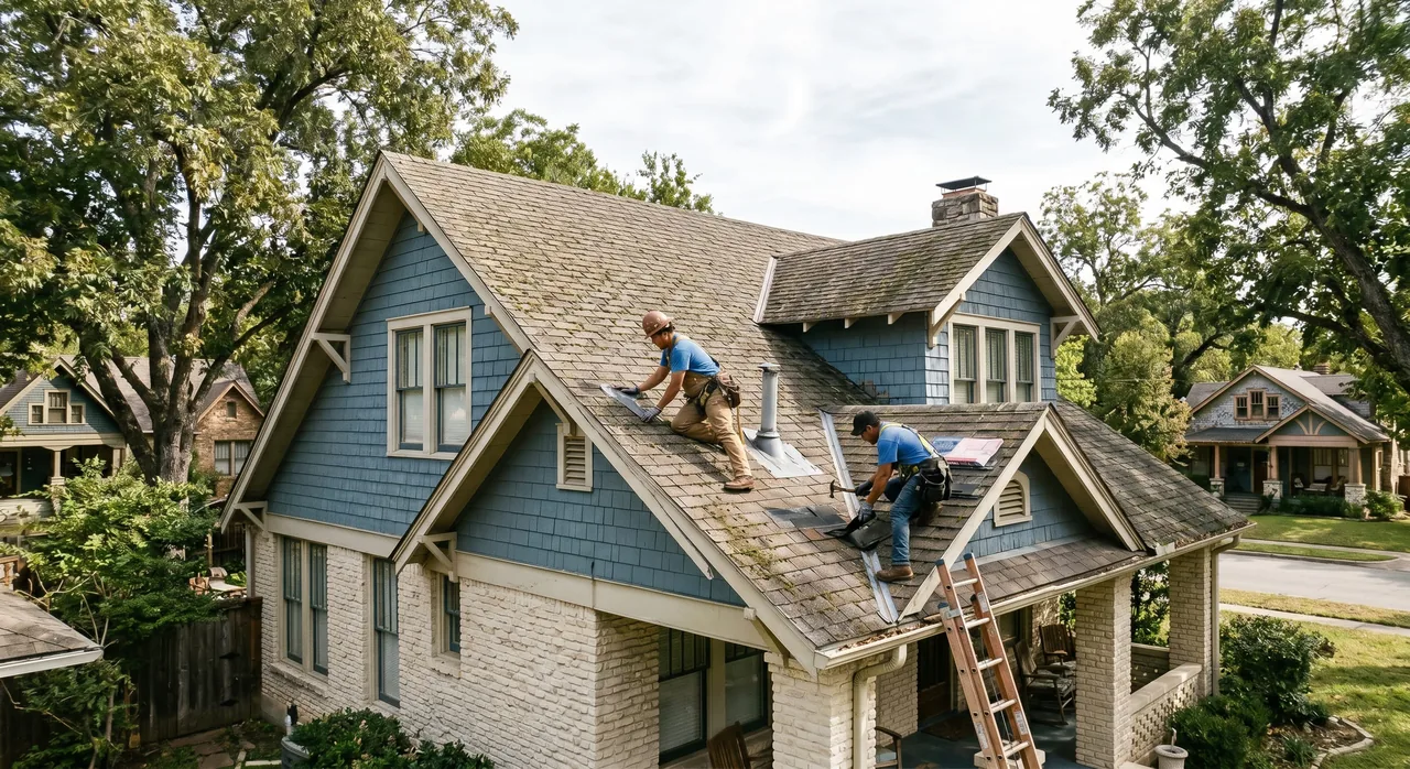 Roofing crew performing a preventive maintenance inspection