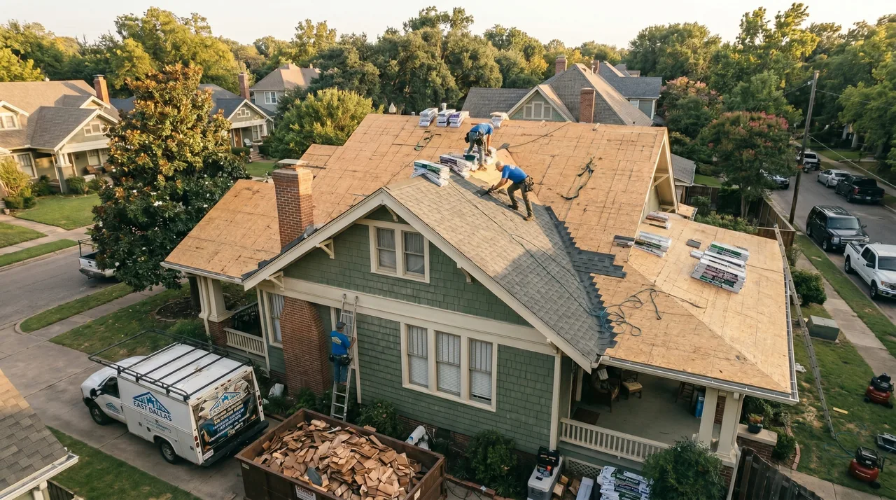 Crew completing a full roof replacement on a Dallas home