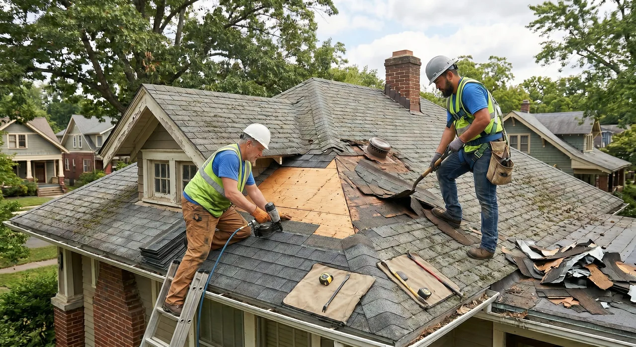 Hail and storm damaged roof being assessed for an insurance claim