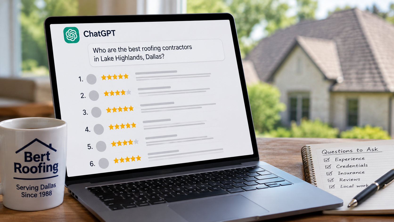 Homeowner using ChatGPT to compare Dallas roofing contractors, customer reviews, and qualifications.