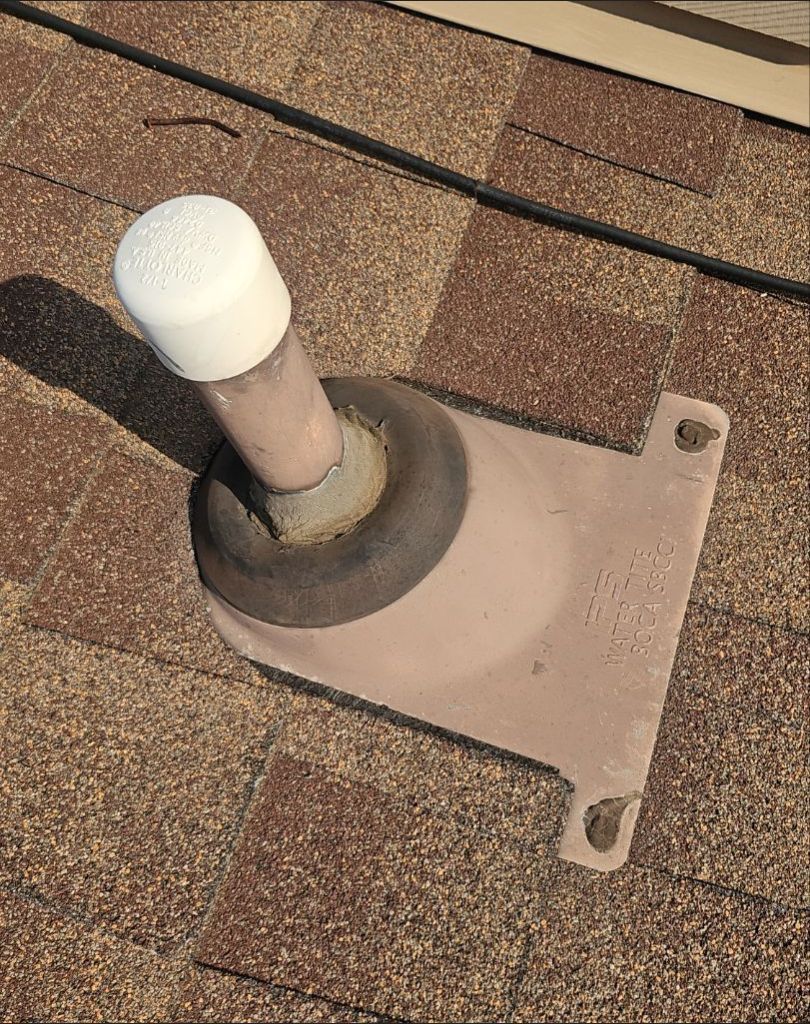 Deteriorated plumbing vent boot on asphalt shingle roof in Garland TX