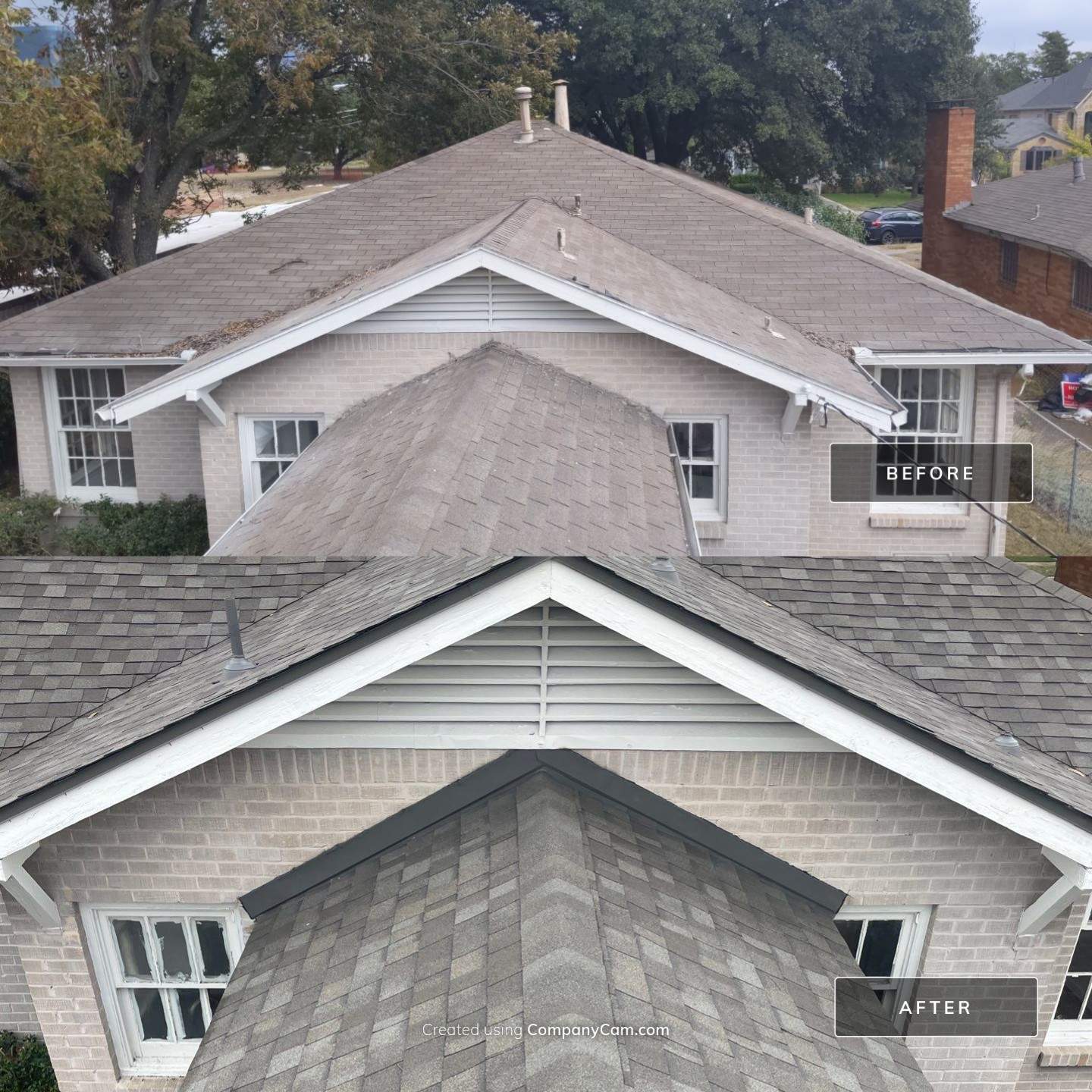 Before and after M Streets roof replacement in Dallas 75206 with Owens Corning Driftwood dimensional shingles