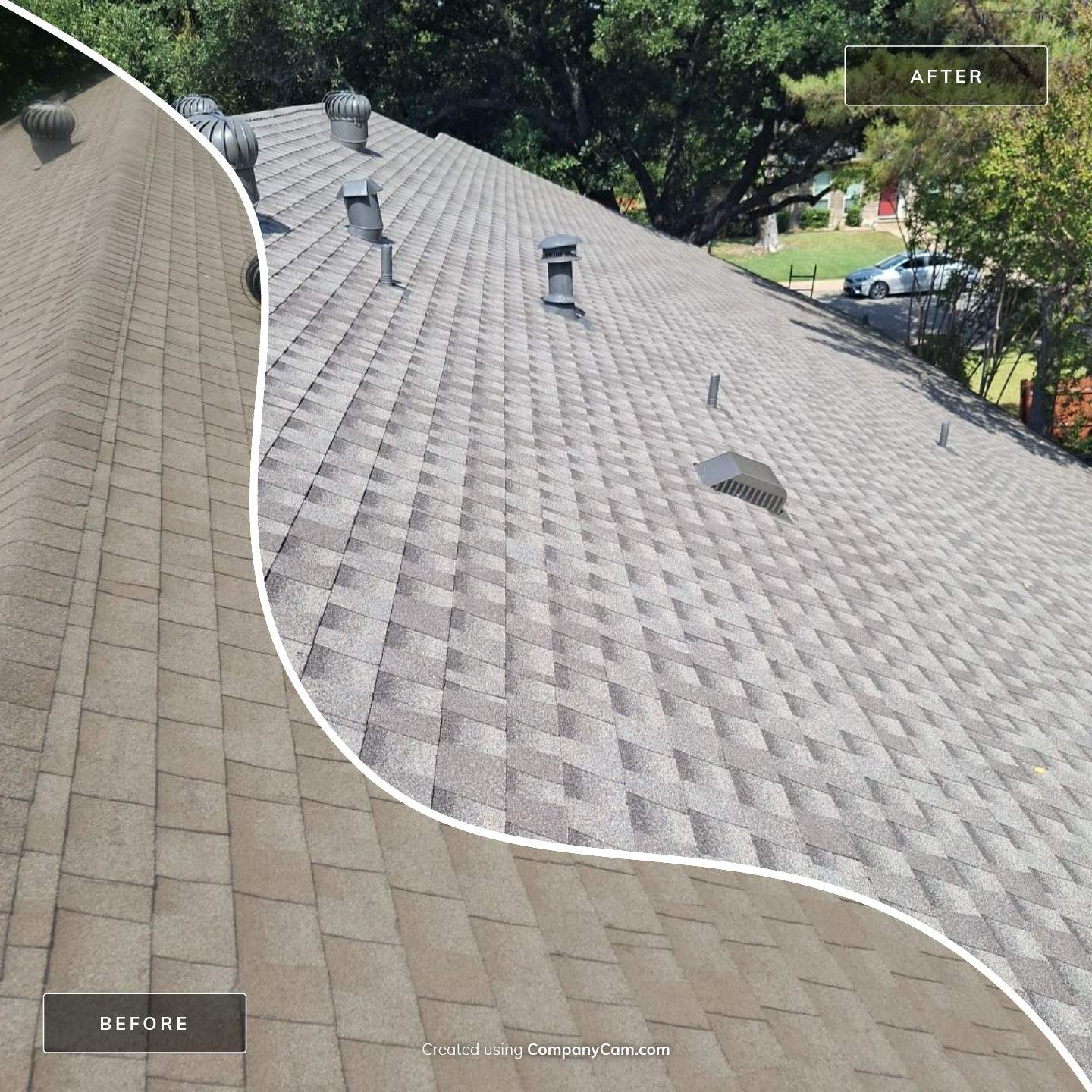 Before and after GAF Timberline HDZ roof replacement in North Dallas 75248