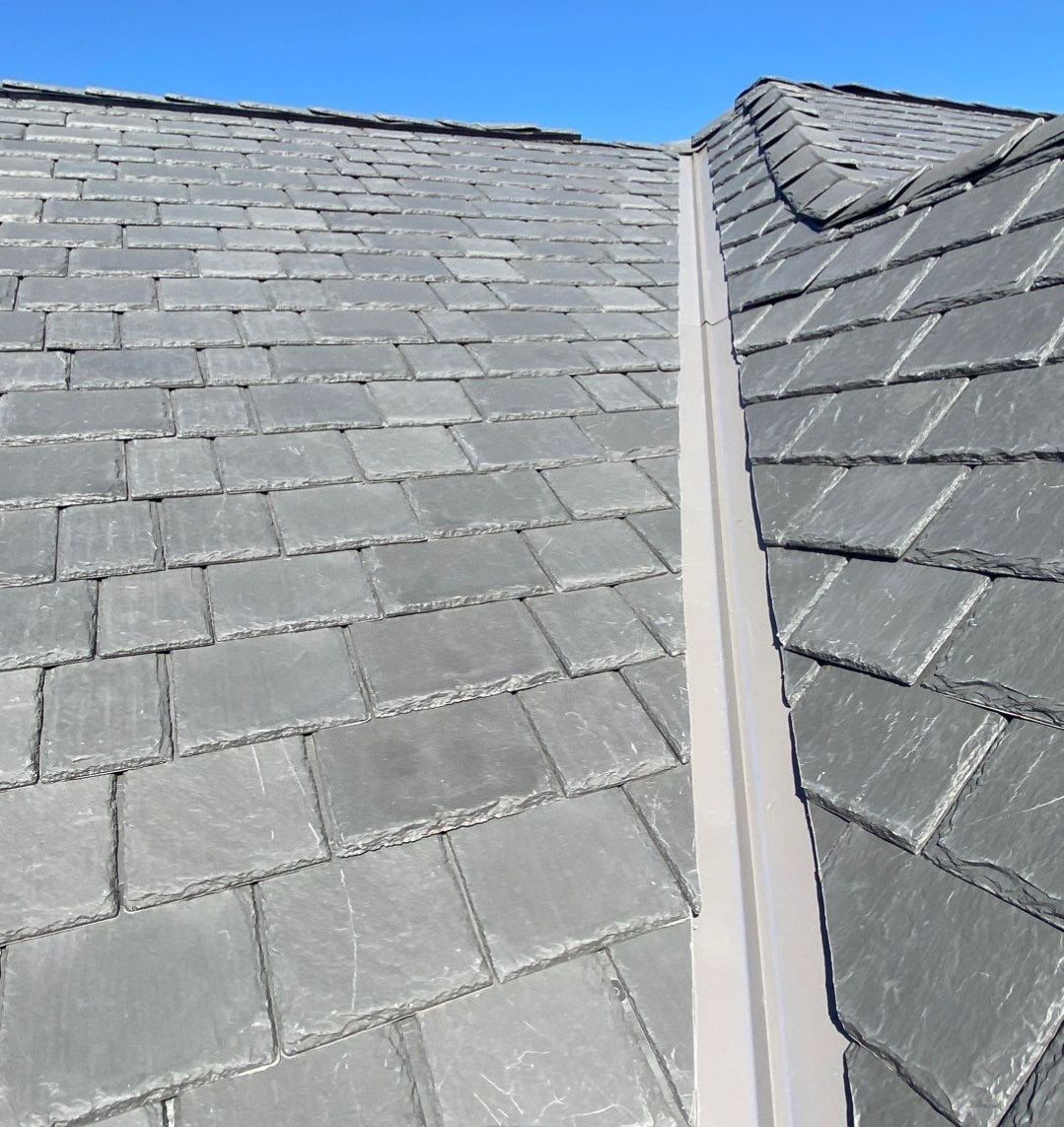 W-metal roof valley on DaVinci Slate roof in North Dallas