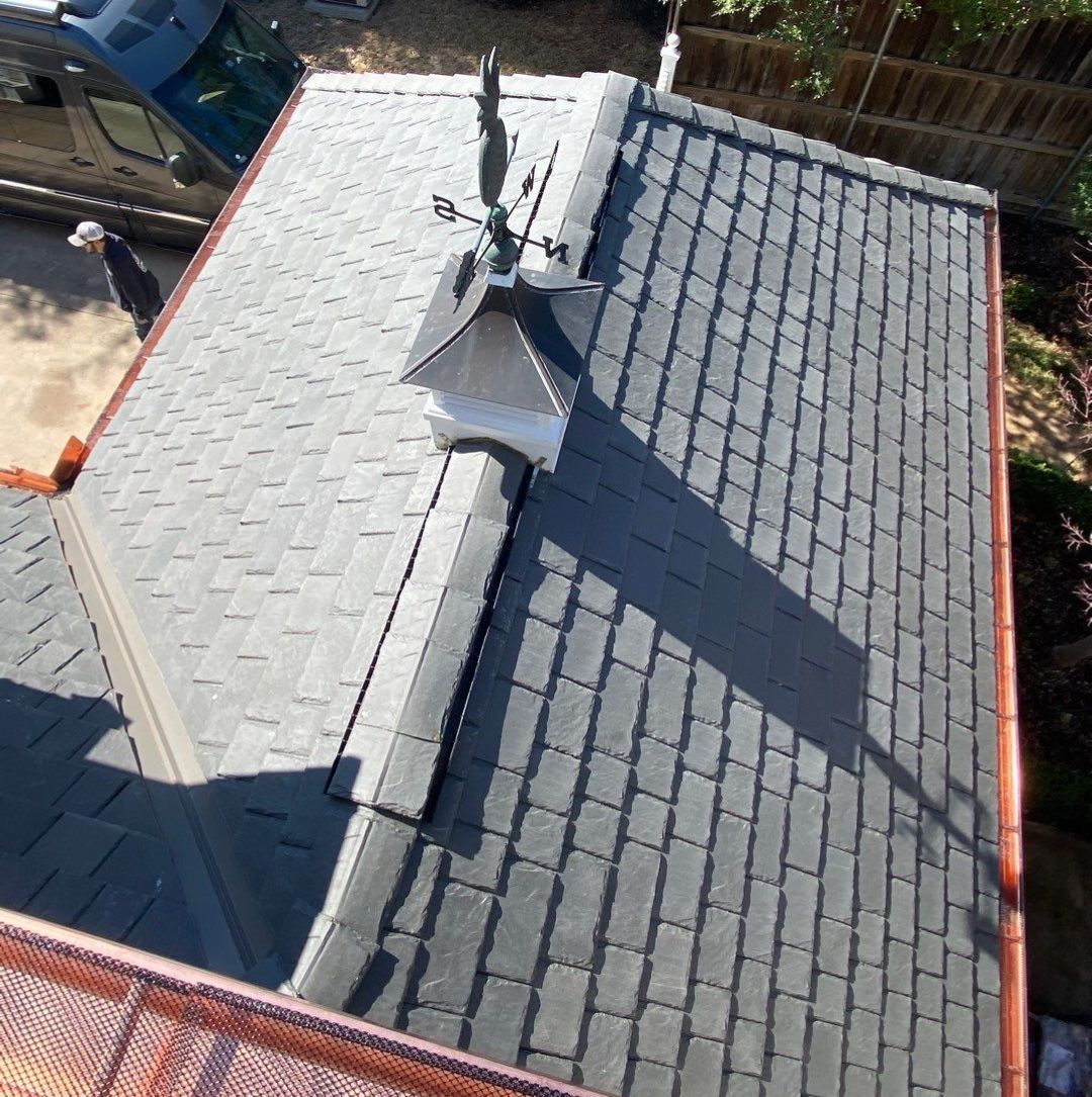 Complex North Dallas roof with DaVinci Slate and multiple valleys and ridges