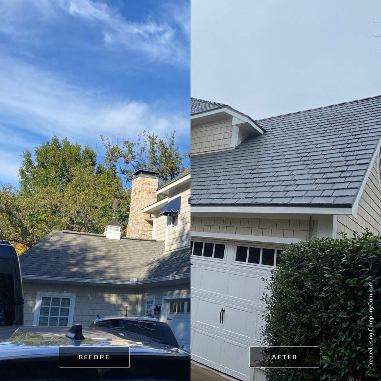 Before and after DaVinci Slate roof replacement on North Dallas home