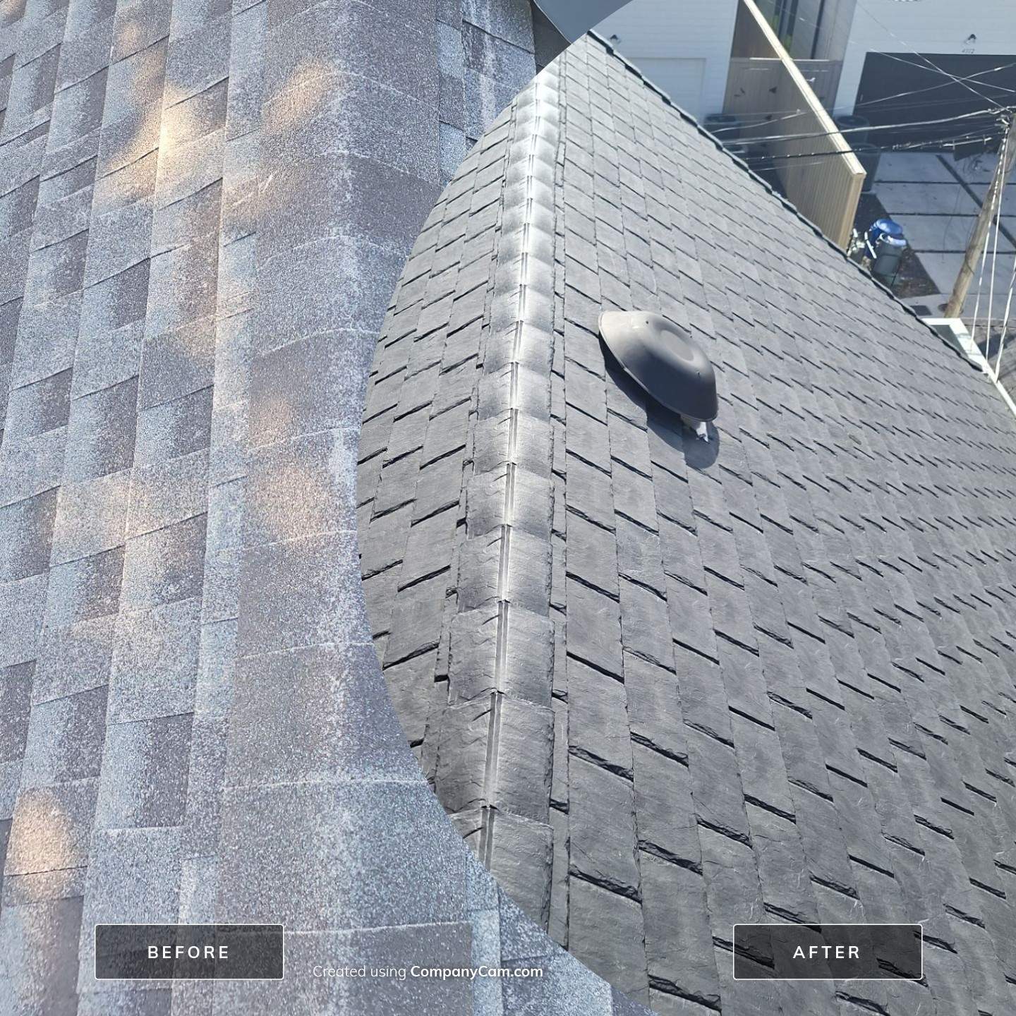 Before and after DaVinci Province Slate roof replacement in Slate Black in University Park, Texas