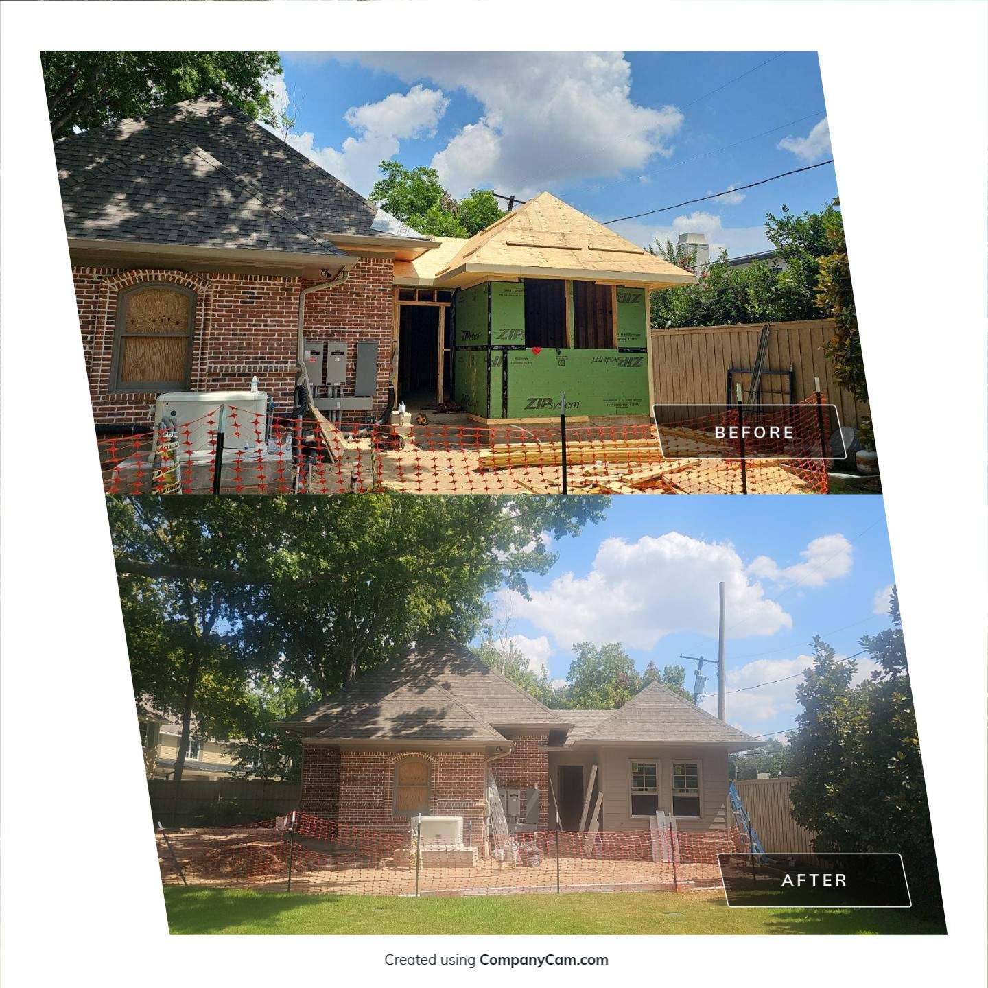 Before and after of a Preston Hollow garage addition tied into the existing roof