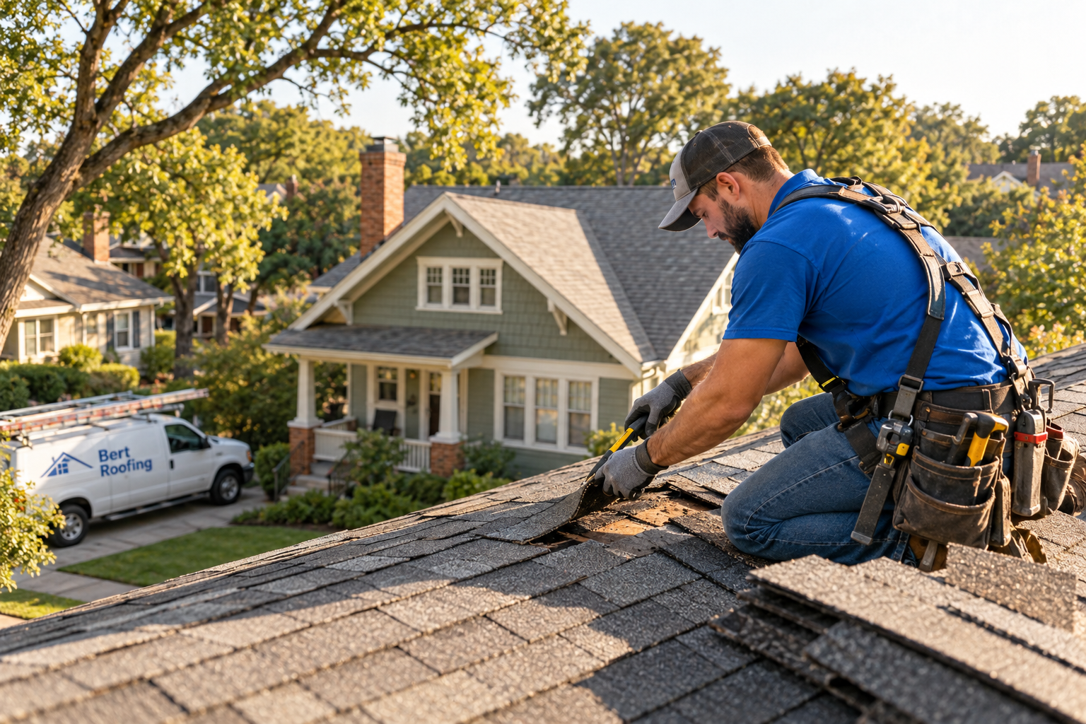 Roofer repairing damaged shingles