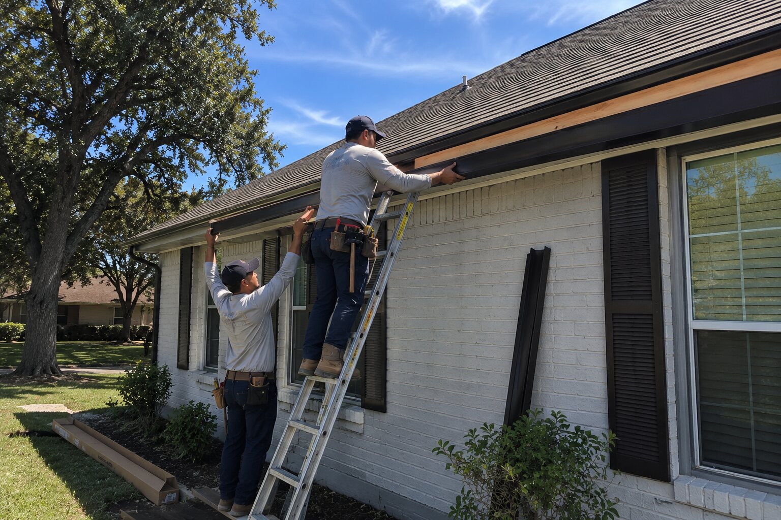 Seamless aluminum gutters installed alongside a new roof on a Dallas home