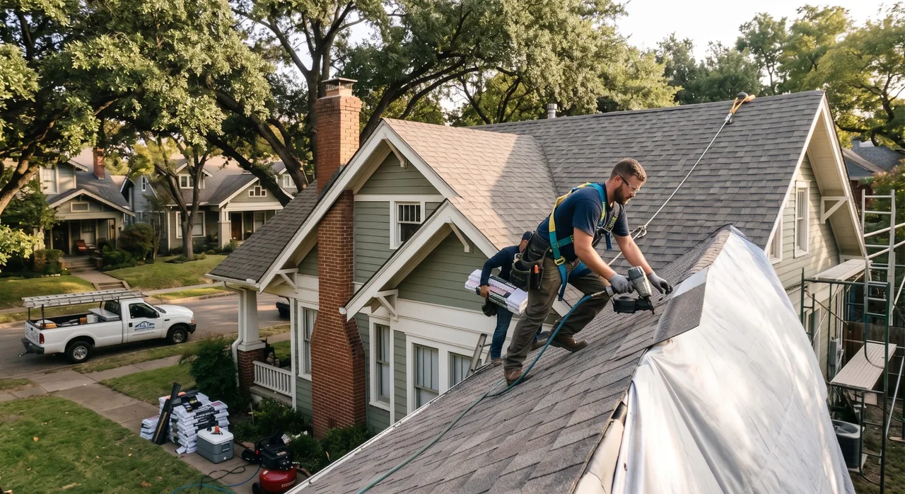Roofer working at a Dallas home with new gutters
