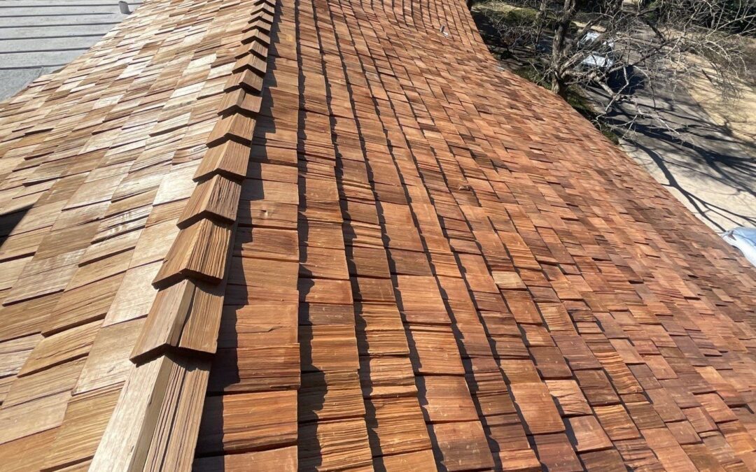 Western Red Cedar shingle roof detail on Charles Dilbeck home restoration in Dallas by Bert Roofing.